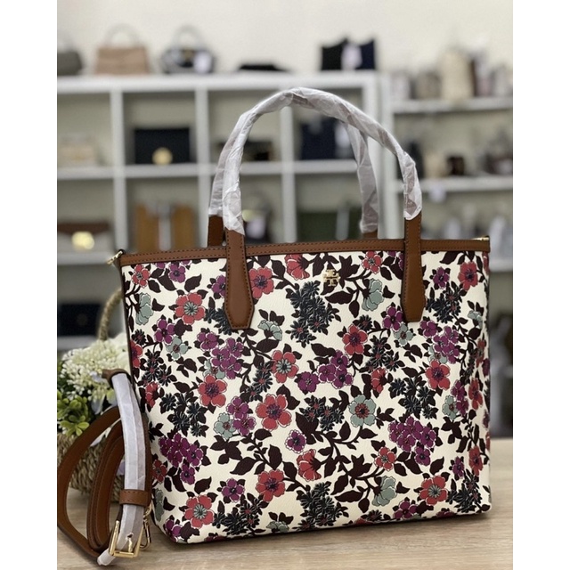 TB kerrington small tote cream red blue wallpaper floral