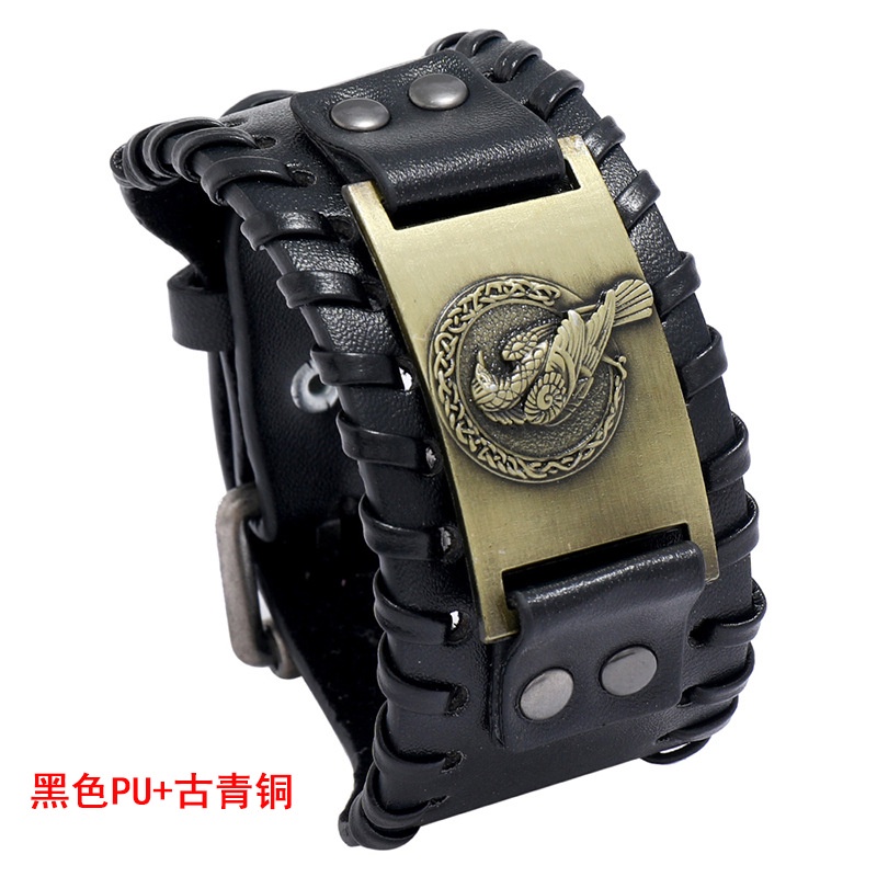 [Z H Perhiasan] Hip Hop Rock Retro Pria Fashion Stainless Steel Viking Raven Rune Gelang Kulit Pesta Perhiasan Aksesoris