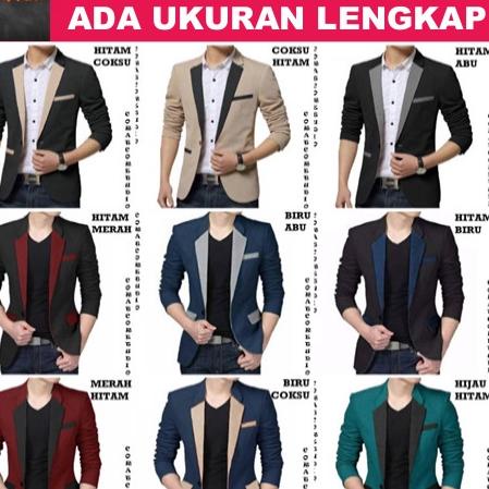 19 WARNA Jas Blazer Pria Cowok Laki Polos Kantor Kerja Saku HITAM ABU BIRU MERAH HIJAU COKLAT SUSU