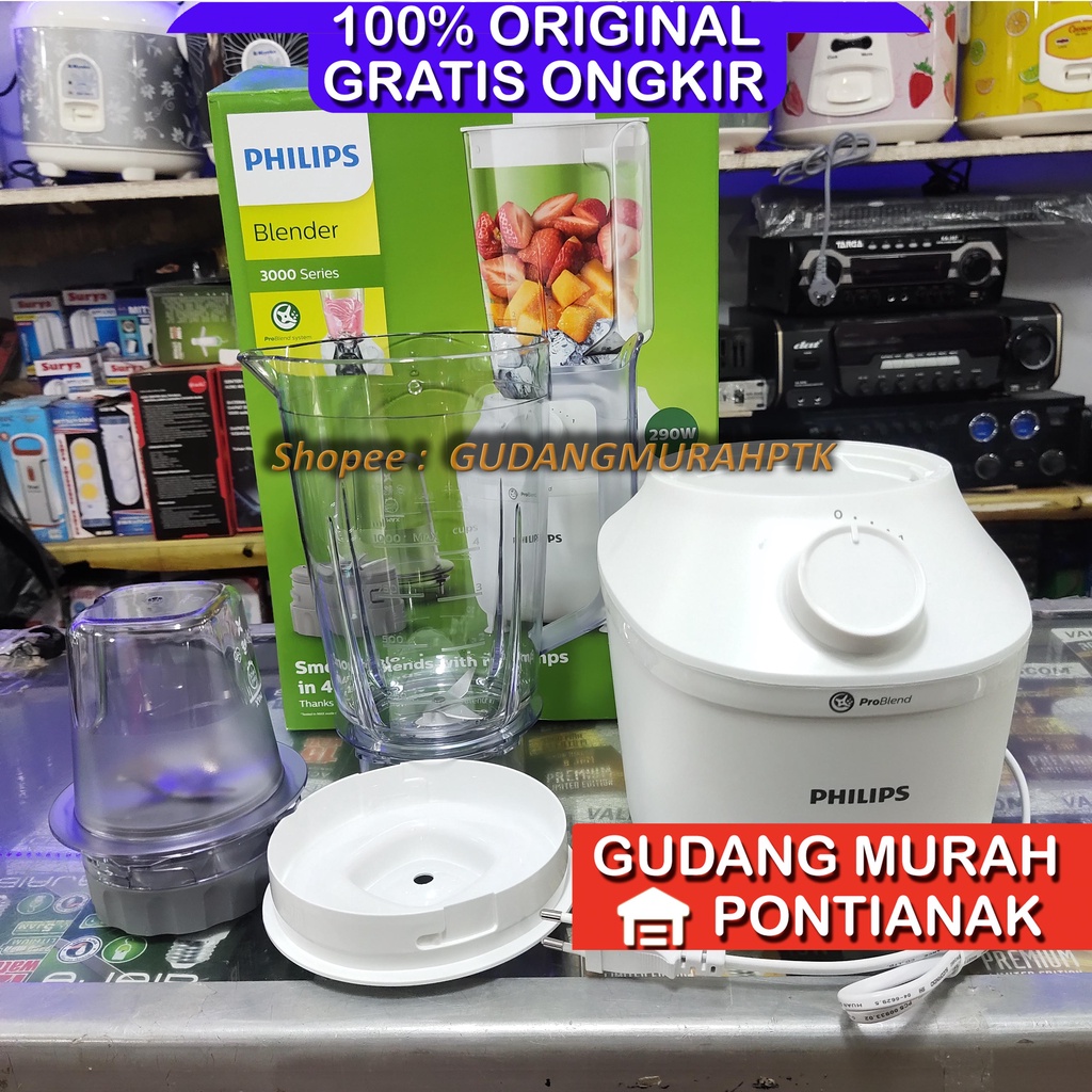 Blender Philips Original Pro Blends ASLI KUAT dan AWET HR2042 3000 Series Blender 290W Plastic / plastik WARNA PUTIH