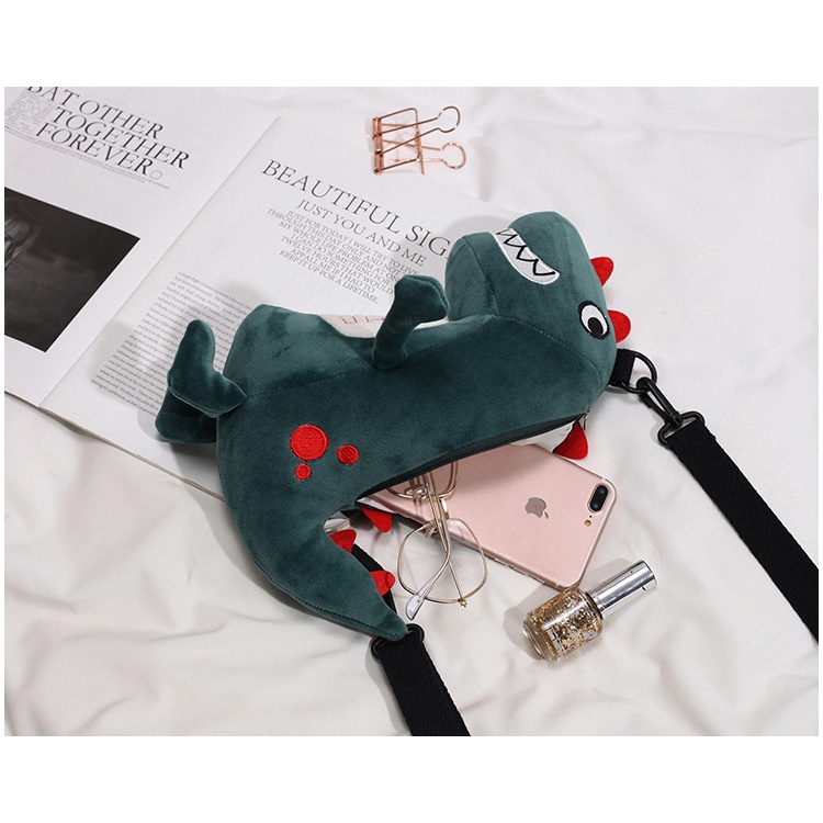 Tas Wanita Model Dinosaurus Cool Green Bahan Plush Sling Bag Import