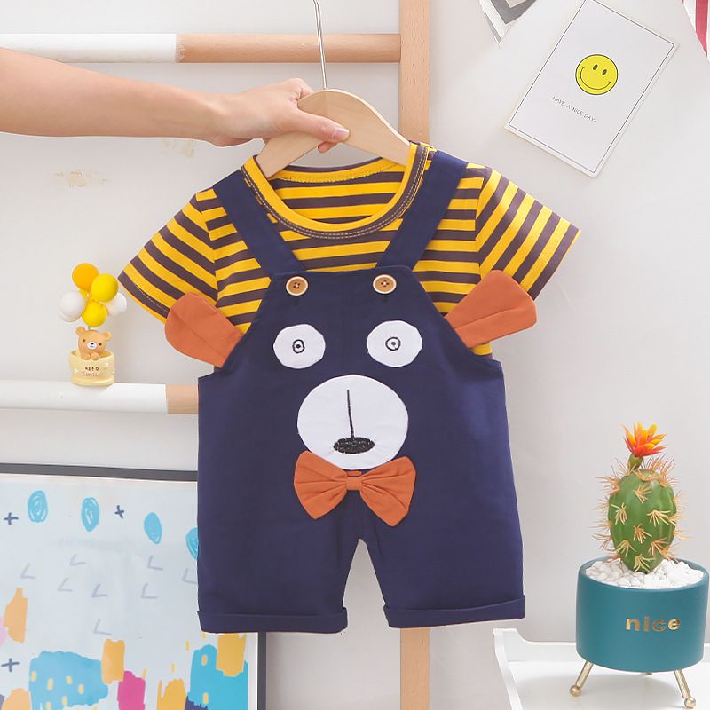 [COD] Baju anak motif BEAR GARIS KUNING navy &amp; brown IMPOR KOREA / Jumpsuit anak setelan anak playsuit anak lucu impor/Usia 0-4 Tahun/Brownieground