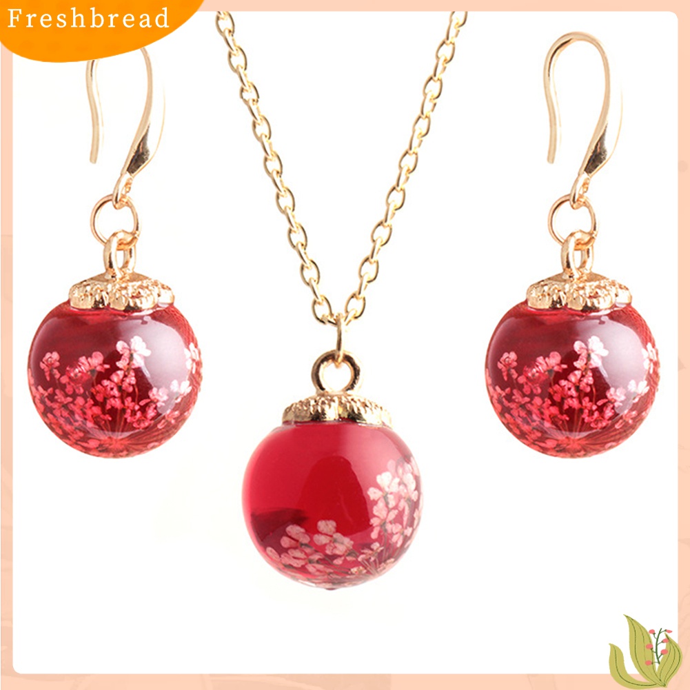 Terlaris Fashion Women Dried Flower Glass Ball Pendant Necklace Hook Earrings Jewelry Set