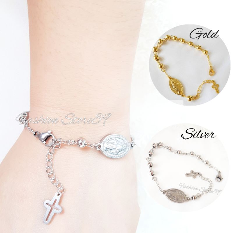 Gelang rosario Bunda Maria Salib Jurai Titanium Silver Gold Antikarat fashion wanita