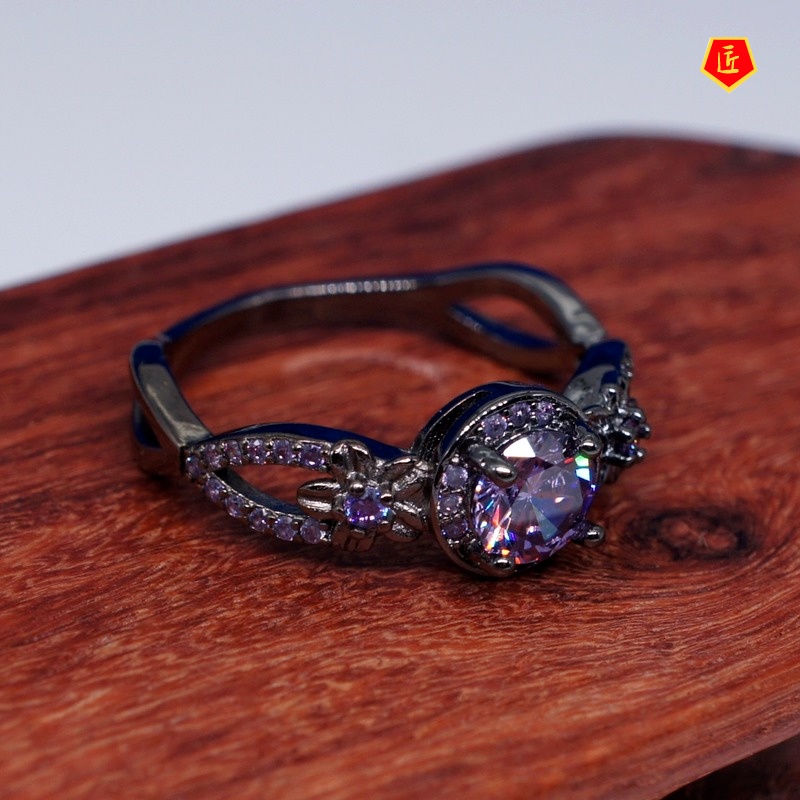 [Ready Stock]Purple Diamond Black Gold Ring Female Creative Personality