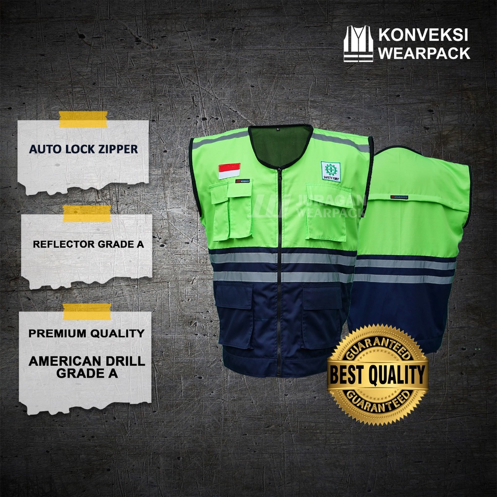 Rompi Safety K3 Warna Hijau Stabilo Kombinasi Biru Navy