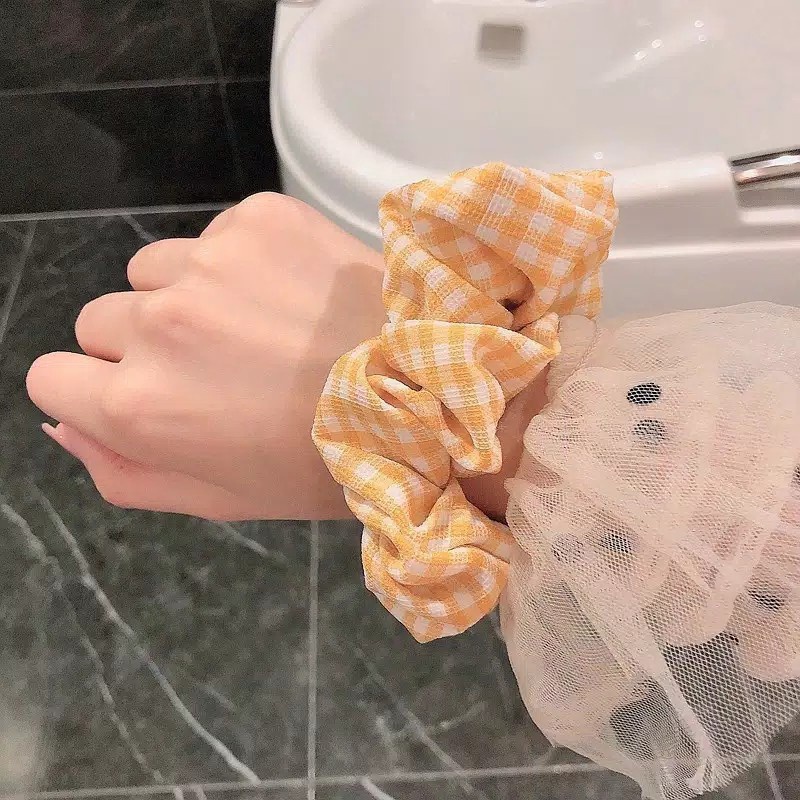 ZBH Ikat Rambut scrunchie Elastis Motif Kotak Garis Bahan Katun Gaya Korea Isi 3 Pcs Free Pouch