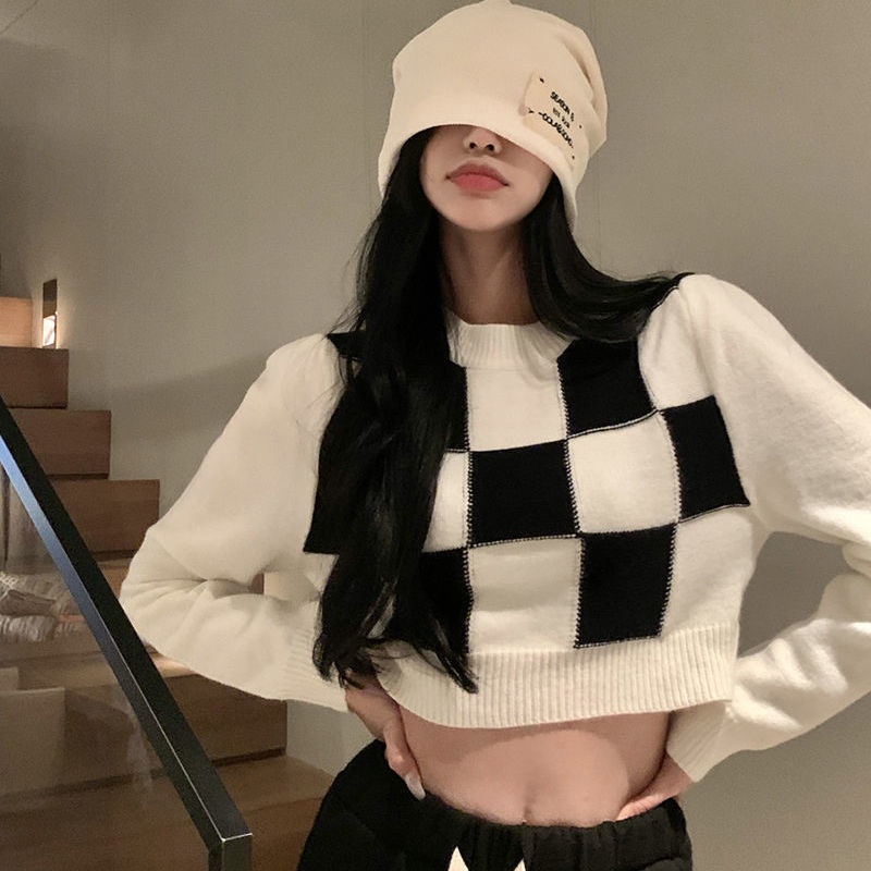 sweater crop knit lengan panjang wanita kotak kotak knitwear