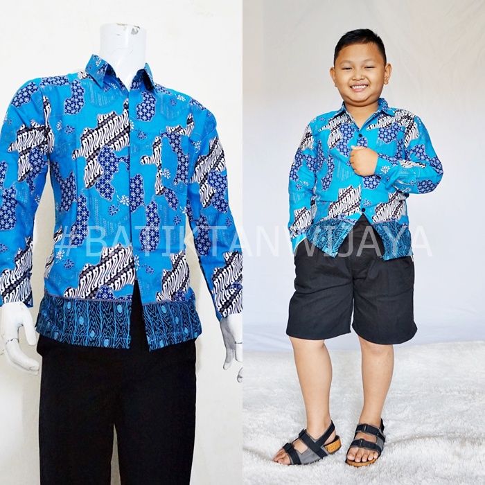 Batik Couple Ayah Anak Laki Laki 1_14 Tahun Lengan Panjang Warna Biru / Kemeja Batik Bapak Anak Laki