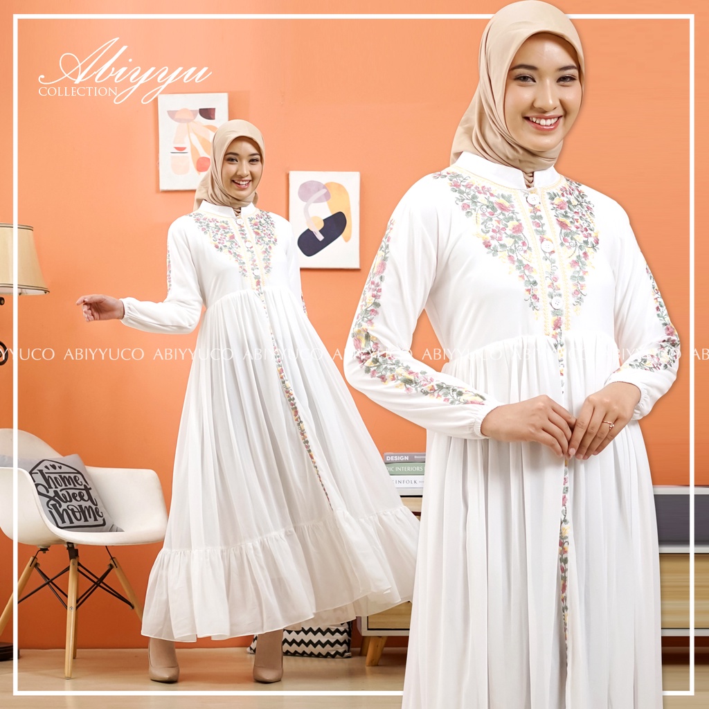 Abiyyuco TA9015 | Dress/Gamis Ceruty Babydoll Busui Hitam, Putih, dan Warna dengan Bordir Cantik