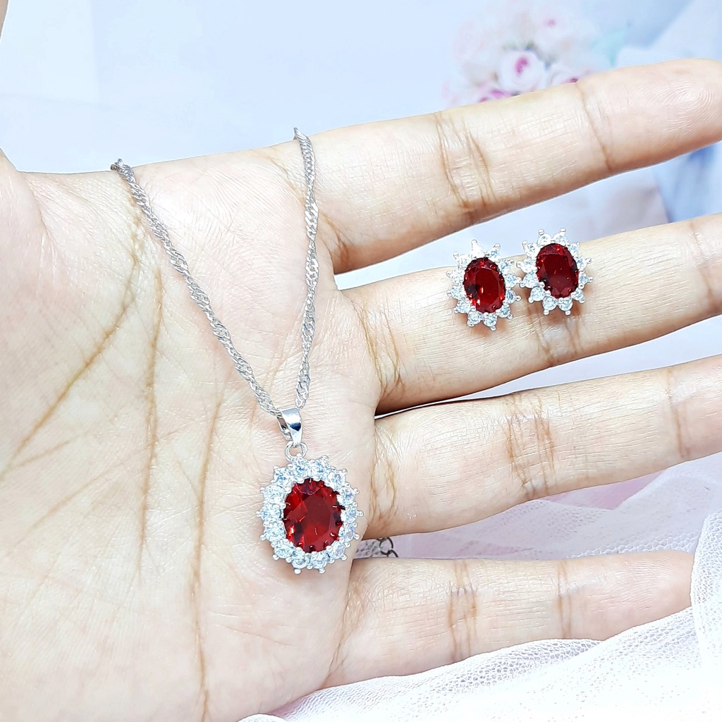 Set Perhiasan Pesta Kalung Anting Batu Merah Oval Elegan BR030A