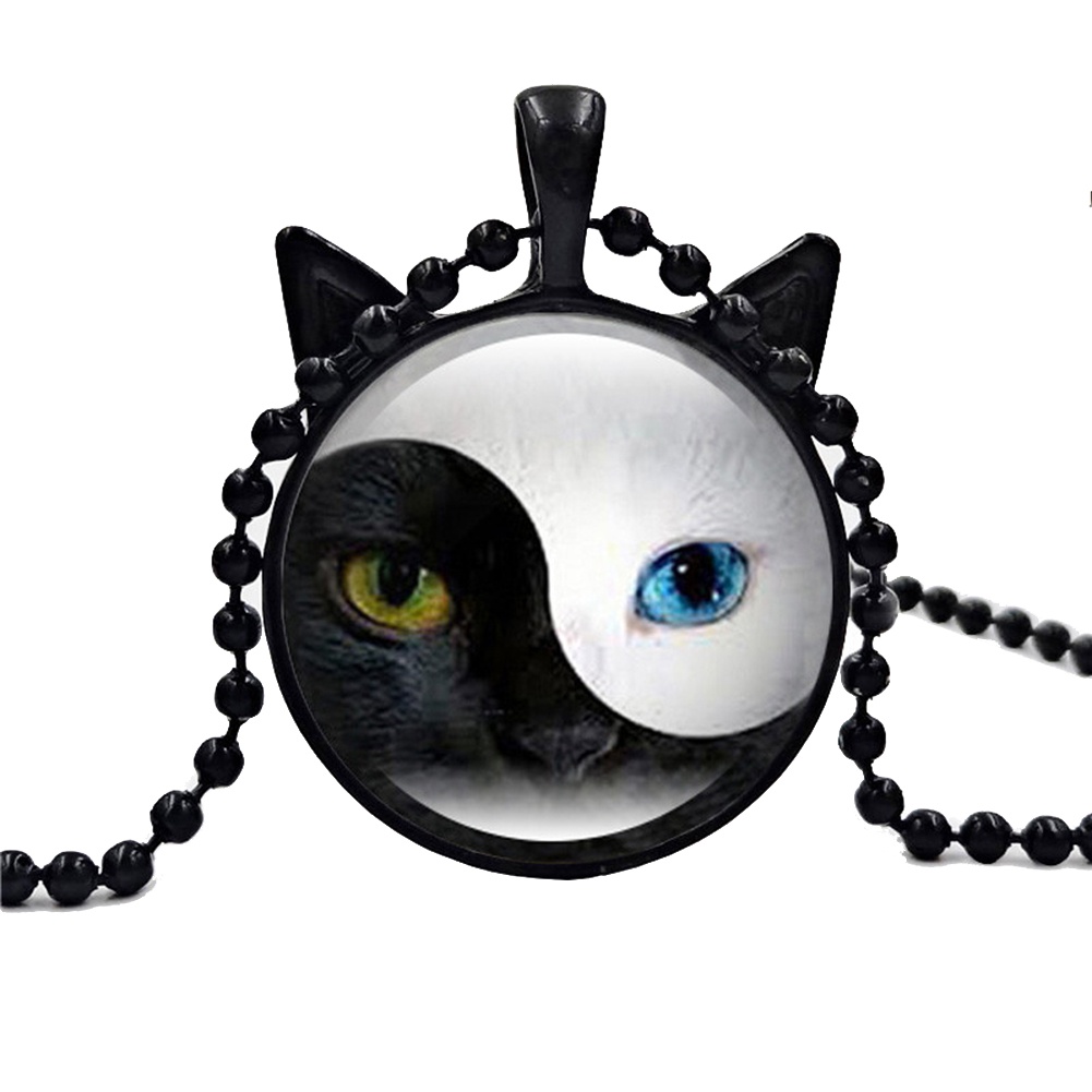 Hu Hu Hu Hu Hu Alat Bantu Pasang Kacamata♡ Kalung Rantai Dengan Liontin Kaca Bentuk Kucing Yin Yang Untuk Wanita