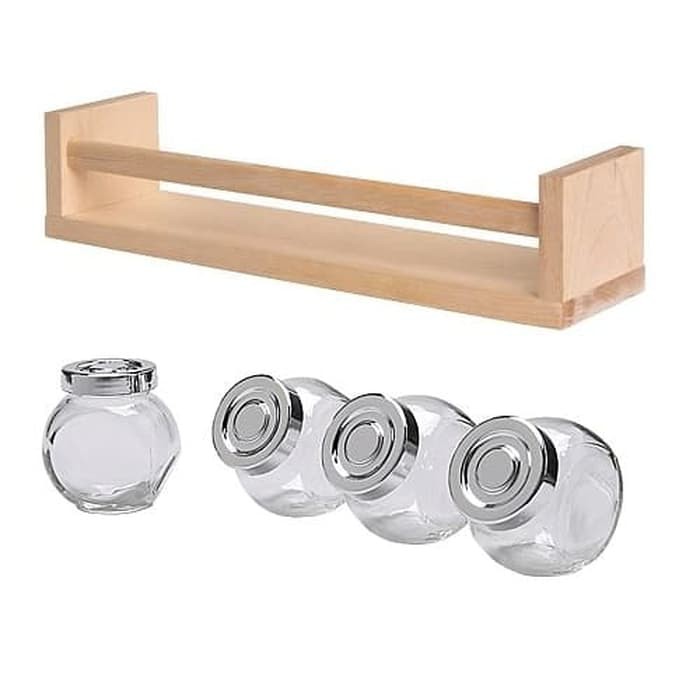 

A955 Paket 4 pcs Toples Bumbu Kaca + Rak Bumbu Kayu Rajtan Bekvam