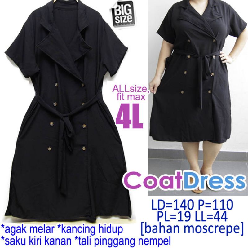 Coat Dress DRESS WANITA TIDAK MELAR HITAM POLOS BASIC SELUTUT SUPER JUMBO BIG SIZE 4L 4XL