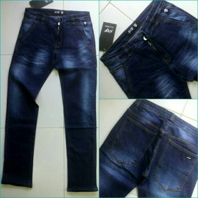 Celana Jeans pria NTF Slimfit melar Dongker Navy kantong besar