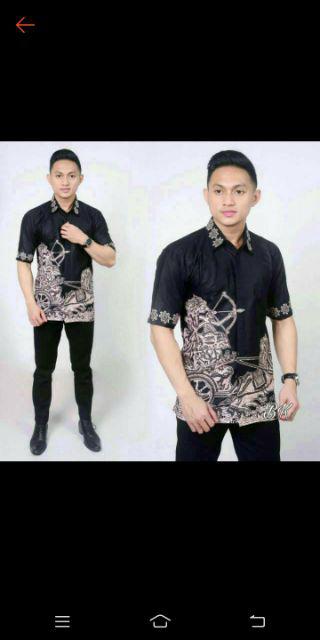 Kemeja Batik Pria Lengan Pendek Hitam Manis Motif Wayang Memanah