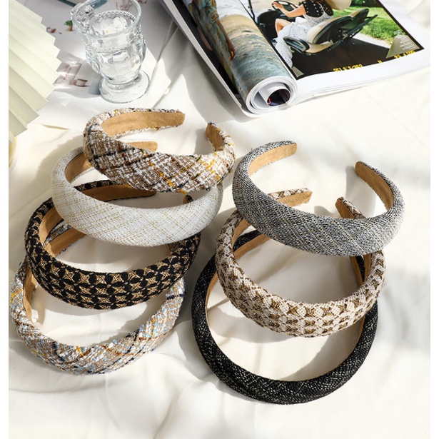 Bando Poni Korea Polos Wanita Motif Tweed Hitam Putih Gold Lory