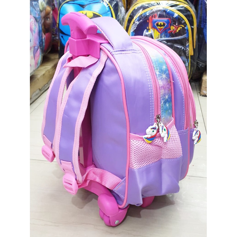 Tas DORONG Trolley Anak Sekolah TK / Play Group / PAUD GAMBAR KUDA PONY dan PUTRI SALJU Luwi Garis V 12inch TIMBUL GLOSSY/ EMBOS 3 RESLETING IMPORT ( Kumbang 12&quot; )
