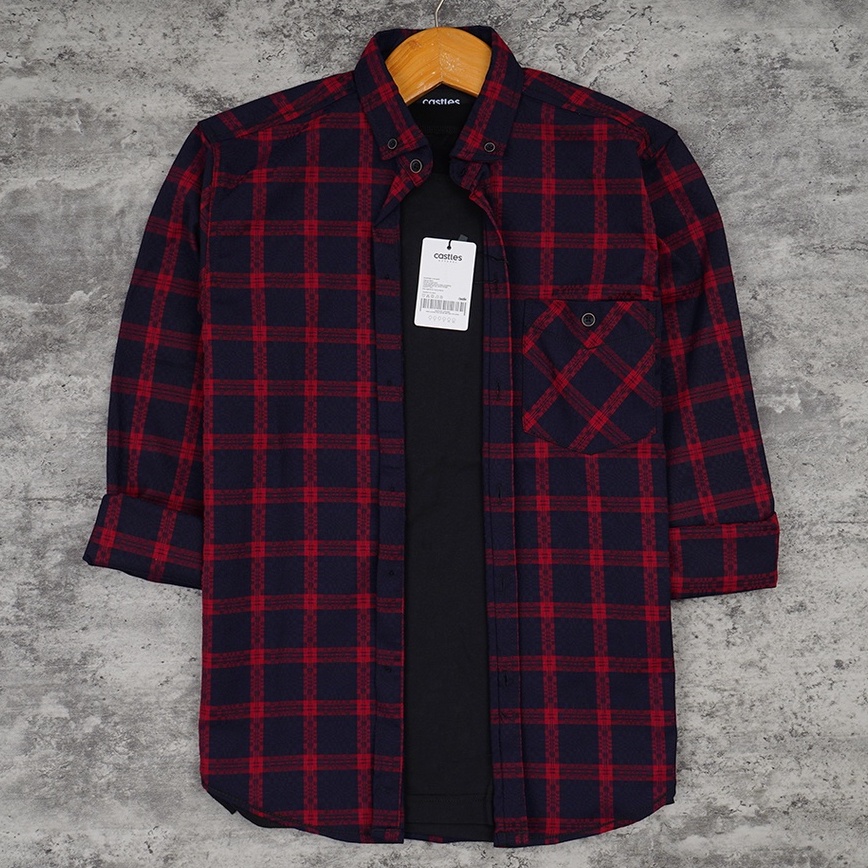 Castles.id Long Sleeve Flannel Shirt Red Flanel Pria M-XL