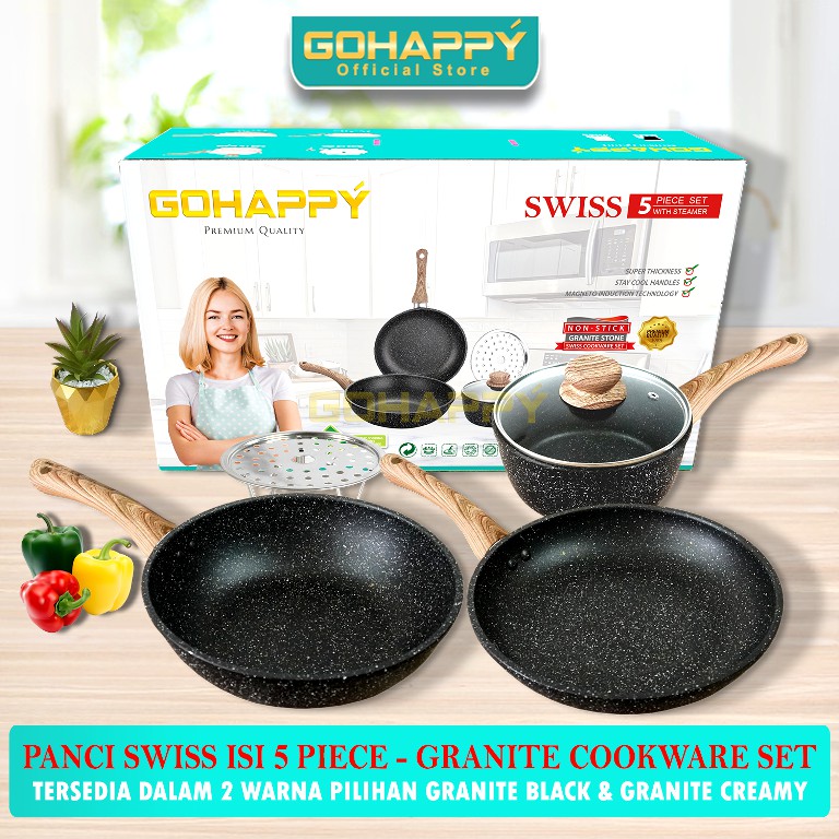 GOHAPPY Panci Swiss granite stone isi 5 piece | Premium cookware set | GHS05