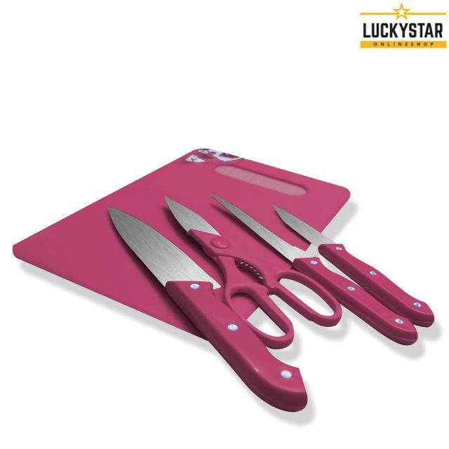 Set Pisau Dapur Knife Set 5in1 Plus Talenan Stainless Pisau Dapur 20cmx30cm