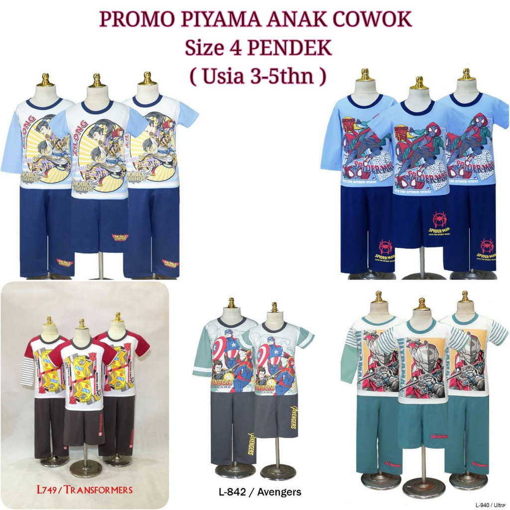 Piyama Baju Tidur Setelan Pendek Kartun Robot Super Hero Anak Cowo Size 2 dan 4