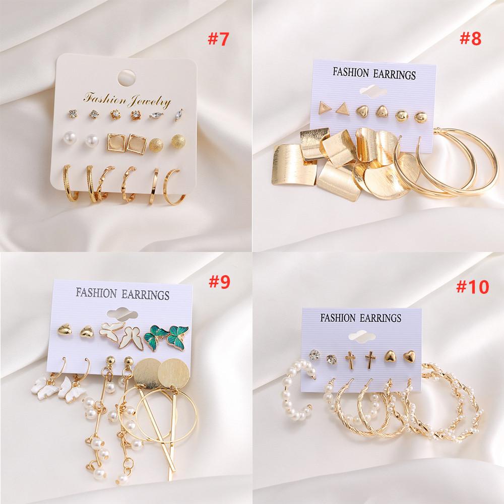 6 Pasang / Set Anting Tusuk / Bulat Gaya Korea Motif Nanas / Kupu-Kupu / Silang / Mutiara Untuk Perhiasan Wanita Butterfly