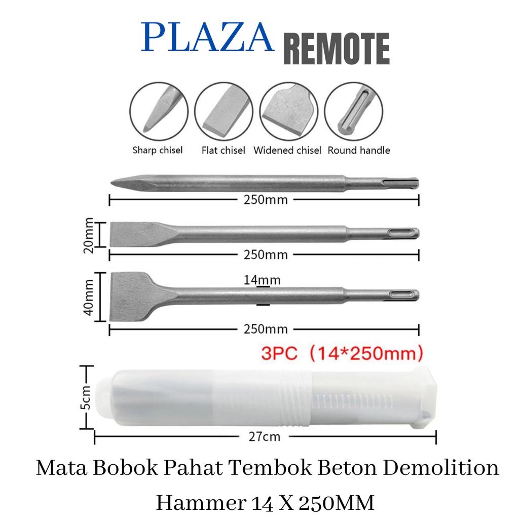 SDS plus Mata Bobok Pahat Tembok Beton  14 X 250 MM MODEL PIPIH LEBAR 20 MM