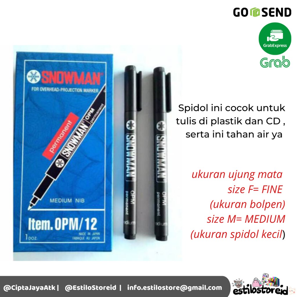

SPIDOL OHP SNOWMAN /SNOWMAN OHP PEN/SPIDOL UNTUK PLASTIK/OHP PEN SIZE M DAN F