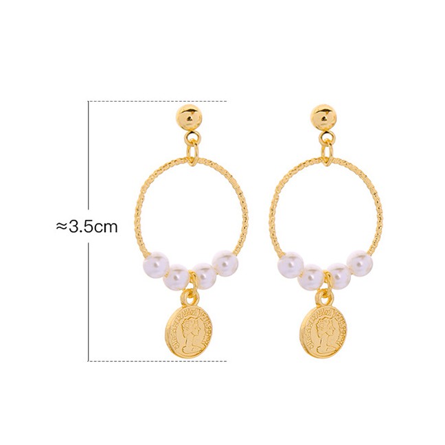 LRC Anting Tusuk Fashion Gold Queen Avatar Coin Circle Pearl Earrings F94047