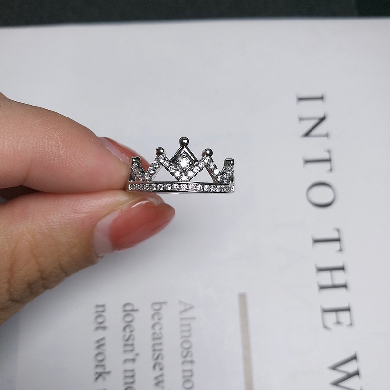 Cincin Berlian Mahkota Elegan Perhiasan Fashion Wanita Baja Titanium Perak Rings
