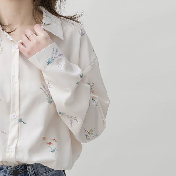 【impor】 Atasan kemeja wanita sifon lengan panjang putih POLO motif bunga formal-3
