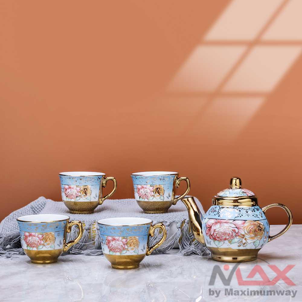 Teko cangkir set  1 teko 4 cangkir keramik china gaya eropha cagkir tamu gelas tamu exclusive Cangkir Teko Keramik Set 4 Cups 1 Pot European Style Bone China Coffee Pot Set with Wood Tray Spoon Ceramic Electroplating Process High Temperaturetea Cup Eco