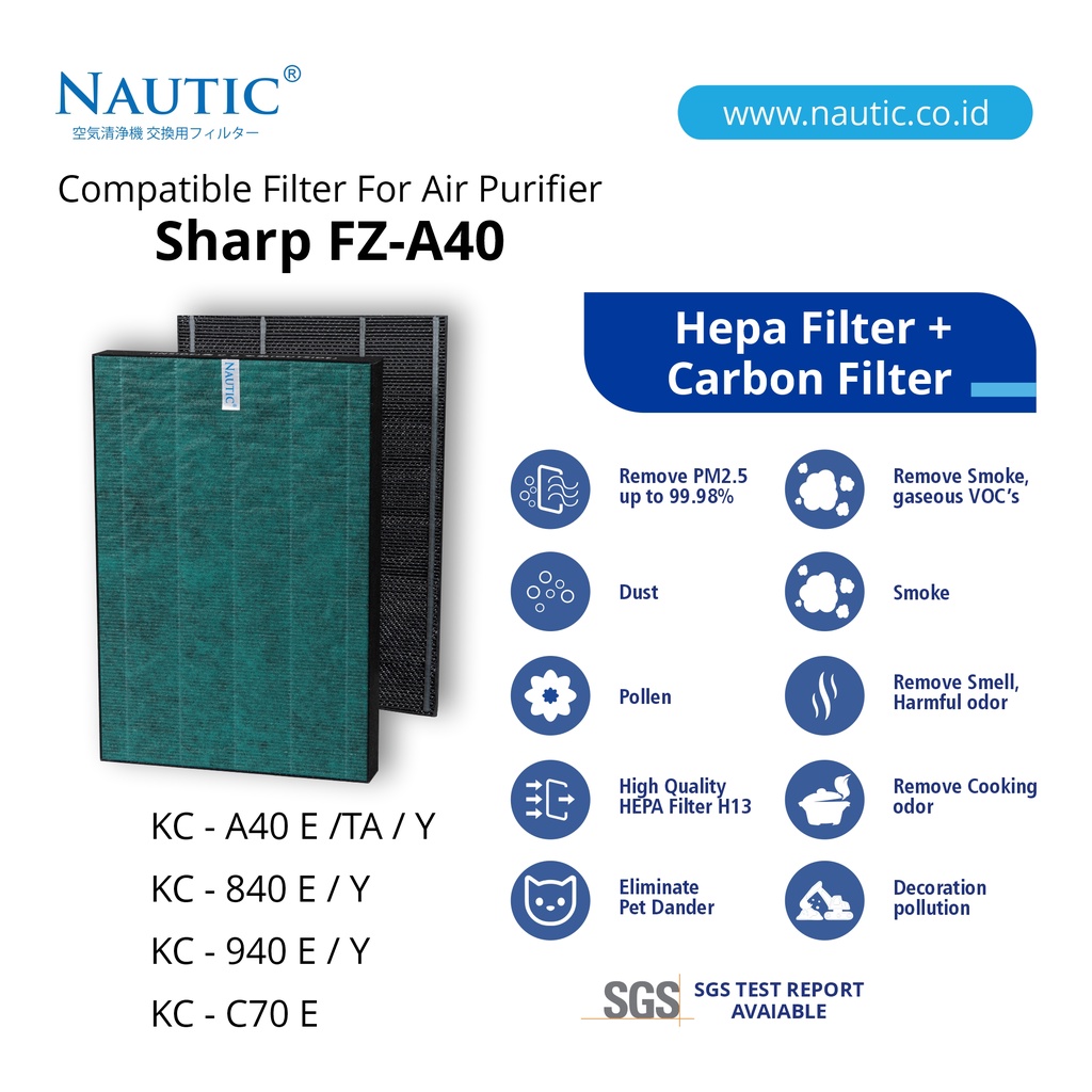 NAUTIC - Hepa filter and DEO for sharp FZ-A40HFE untuk KC-A40Y/E/TA KC-840E KC-940E KC-C70E