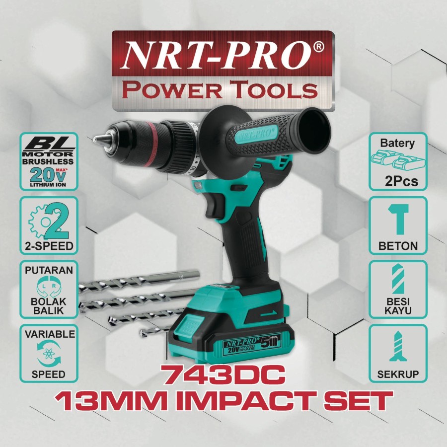 bor cordless NRT Pro DC 743HD mesin bor beton 13mm 20VOLT BRUSHLESS DC743 2BATERAI