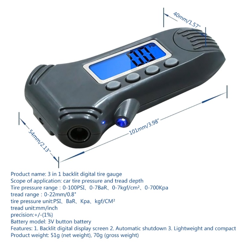 Alat Pengukur Tekanan Ban Mobil Digital Portabel 3 in 1 Dengan Layar LCD 0-100PSI