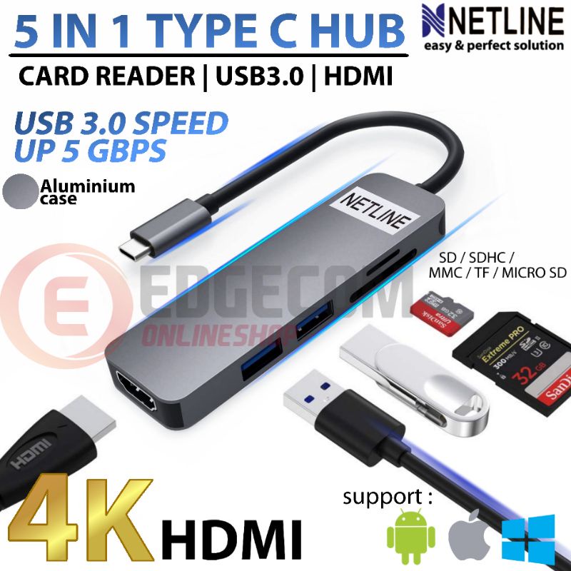 USB 3.1 TYPE C 5in1 HDMI 4K Card Reader USB 3.0 HUB Converter NETLINE