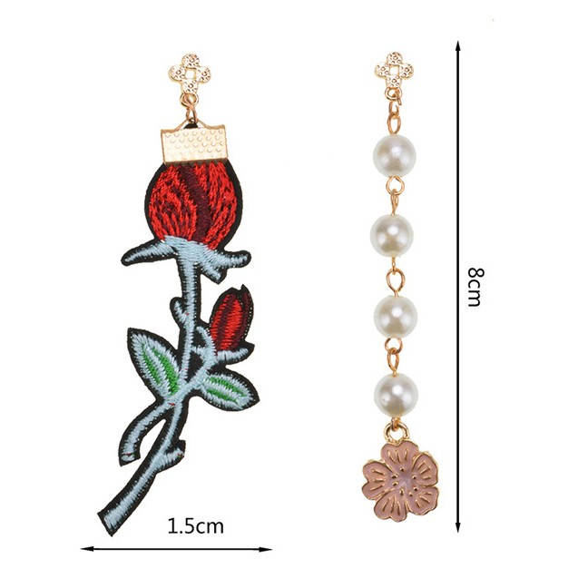 LRC Anting Tusuk Elegant Multi-color Flowers&amp;pearls Decorated Long Earrings