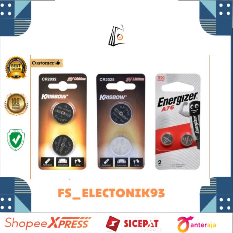 KRISBOW BATERAI/BATRE CR 2032/CR 2025/ENERGIZER BATRE LR44/A76 isi 2/BATERAI JAM/BATERAI JAM DINDING