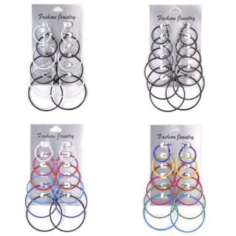 12pcs Anting bulat hijab hoop Hip hop hitam putih pink biru ungu hijau kuning warna warni bohemian