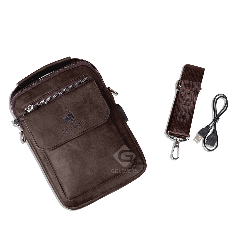 Tas Selempang Pria Kulit Slempang Pria Slingbag Cowok POLO LAND MULTIFUNGSI + FREE KABEL USB - Distributor
