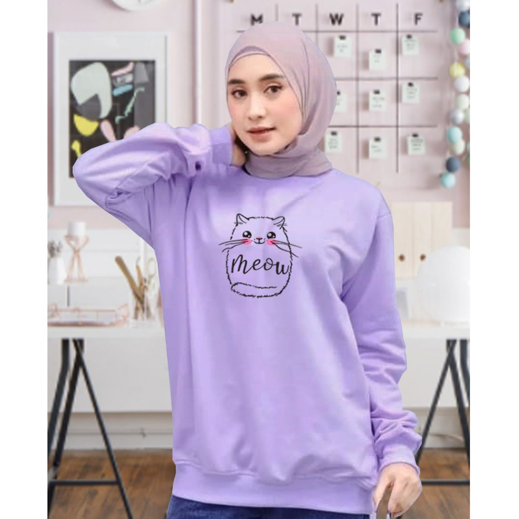 Kaos Lengan Panjang MEOW FULL / Kaos Sweatshirt / Atasan Wanita / Atasan Wanita Lengan Panjang