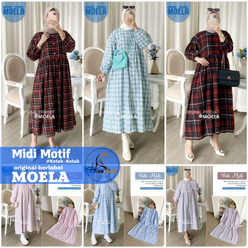 COSIA / VIDE MIDI DRESS MOTIF KOTAK - KOTAK BAHAN RAYON PREMIUM ORIGINAL BERLABEL MOELA