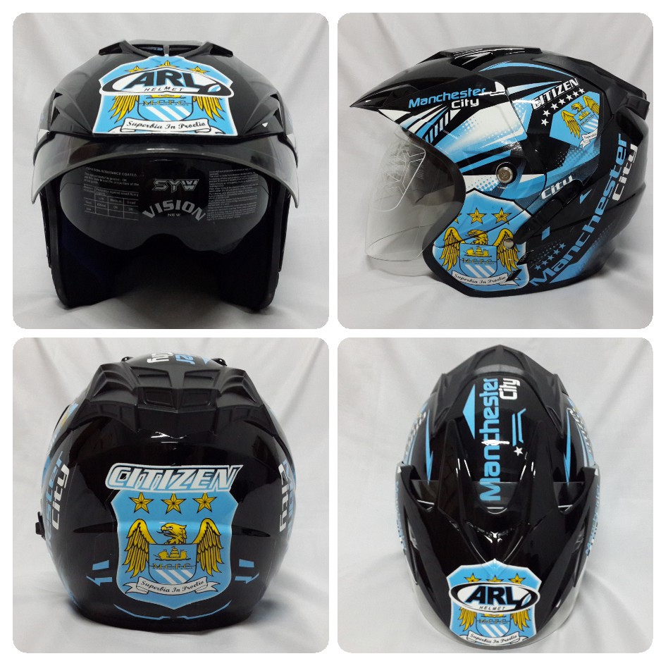 Helm ARL Club Bola Half Face Double Visor Manchester City Hitam.