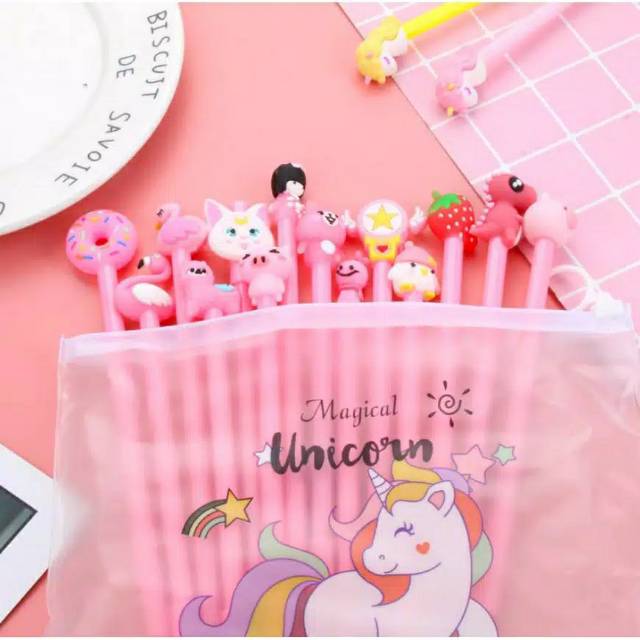 (12pcs atau 20pcs) Pen karakter/pen fancy/pen kantong/pen mix /pen dapet pouch/pen 12/20pcs + dompet-3