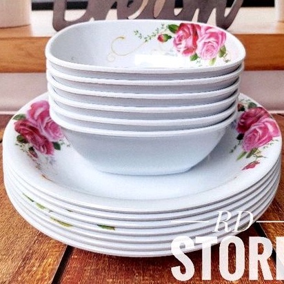 PROMO 12.PCS ISI 6.PIRING MAKAN 6.MANGKOK SAYUR BAHAN MELAMINE WARE MOTIF ROSE TEBAK DAN KUAT