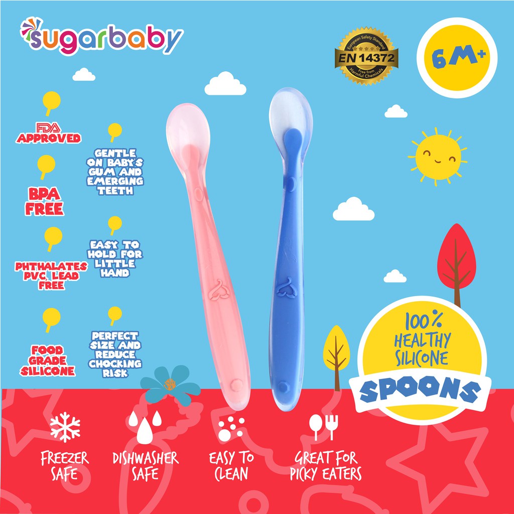 Sugar Baby Healthy Silicone Spoon 2 Set SENDOK 2IN1 SENDOK 2 IN 1  - Blue Green Blue Pink sendok makan bayi sendok aman untuk bayi sugarbaby sendok 2 in 1