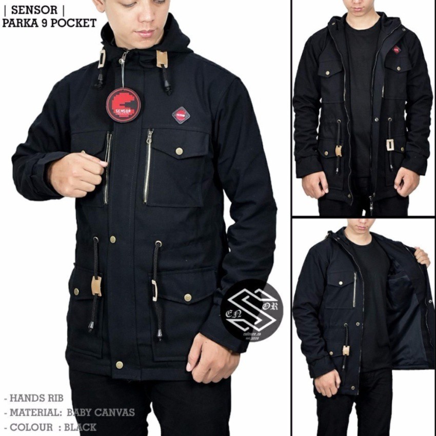 Sensor Jaket Parka Pocket Zipper Pria