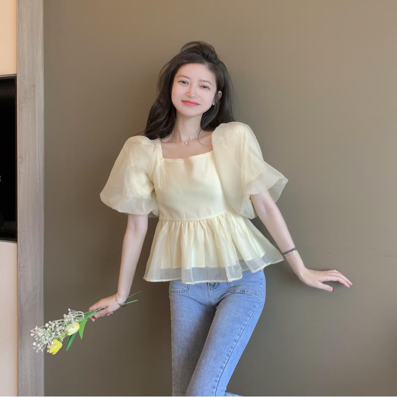 Suhao French Puff Lengan Kemeja Atasan Wanita Ruffle Tie Mesh Kemeja Sifon