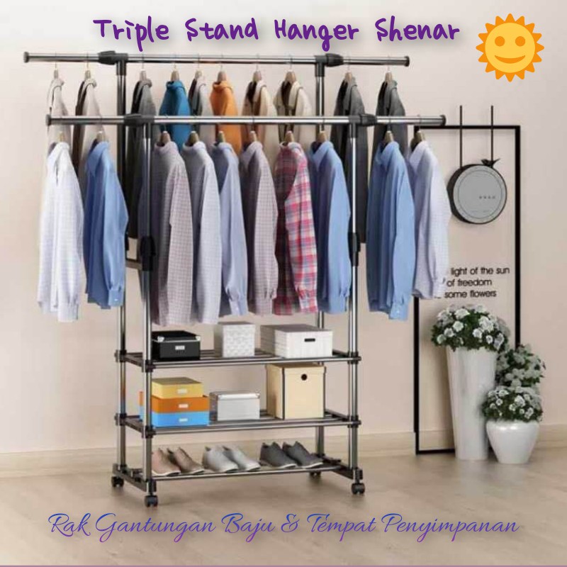 Rak Gantungan Baju Stand Hanger Stainless 3 Susun 2 Sisi Dilengkapi Roda Double Hanger Shenar Lemarimurahjkt168 Shopee Indonesia